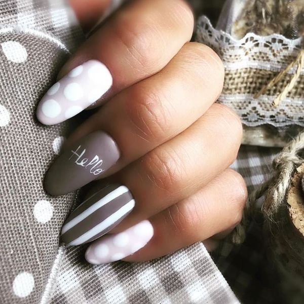 gray nails with stripes and dots
