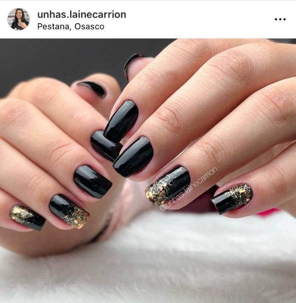 black nails gold shimmer glitter