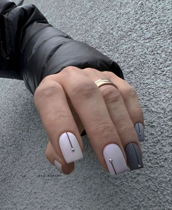white and gray nail design with matte effect