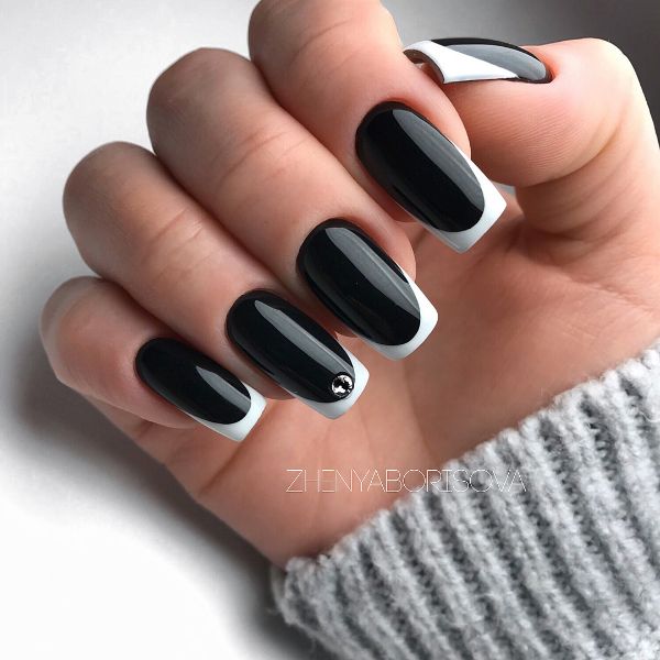 square black nails with white French tips