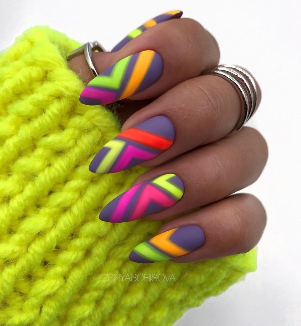 gray nails with neon stripes