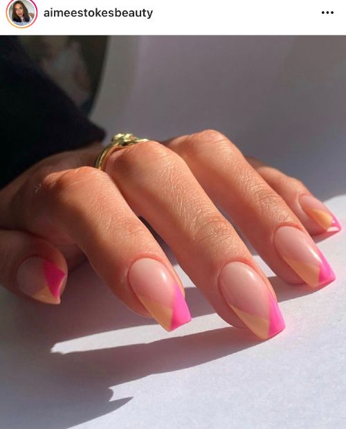pink French nails with peach and beige colors
