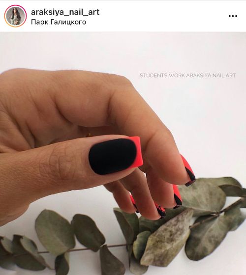 matte black and pink French nail art