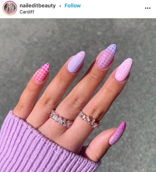 pink French nails with polka dots