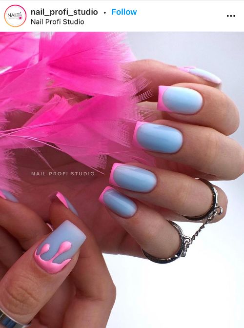 pink French nails with blue