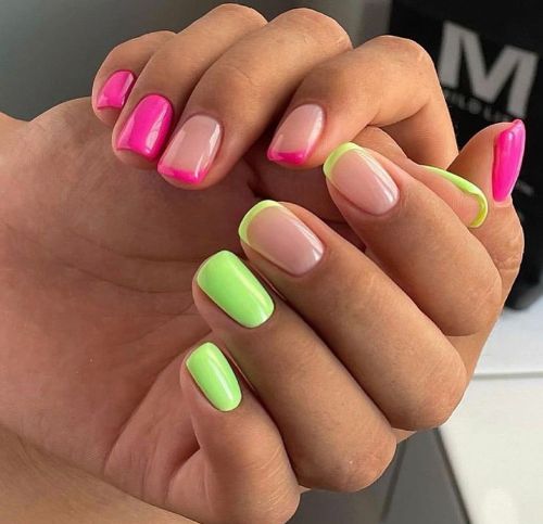 yellow-green and pink French different hands nail design