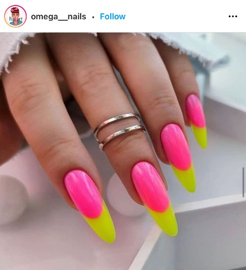 pink and lime-green French nails