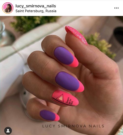matte purple and pink French nails art