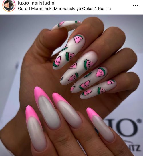 pink French nail design with watermelons