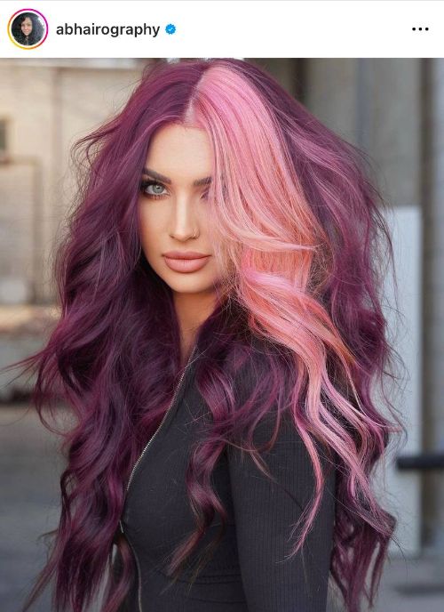 purple hair with pink skunk stripe extensions