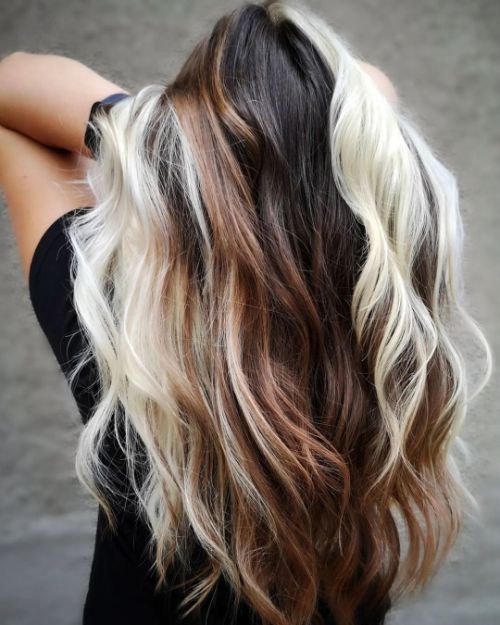 high-contrast blonde and brown skunk stripe hair