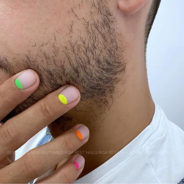 colorful neon men's nail design half-moon