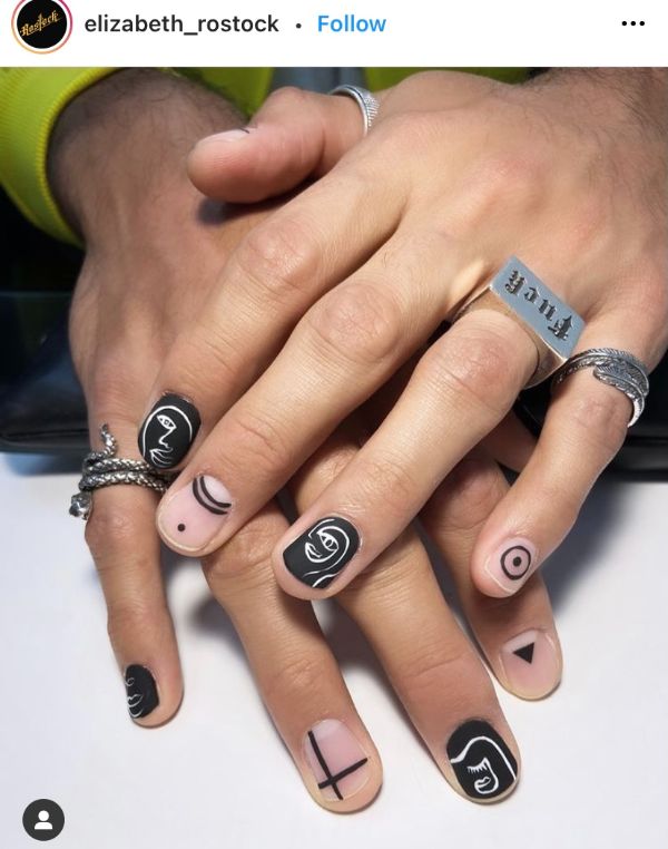 achromatic black white gray men's nail design