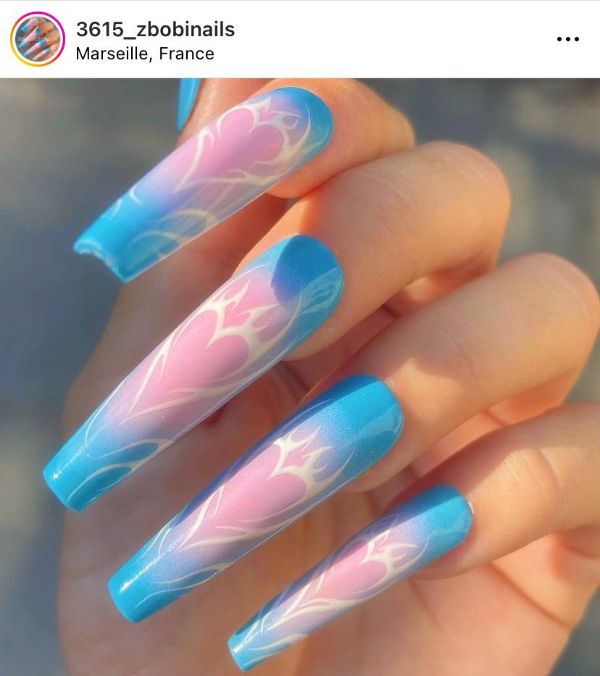 long blue and pink nails with hearts
