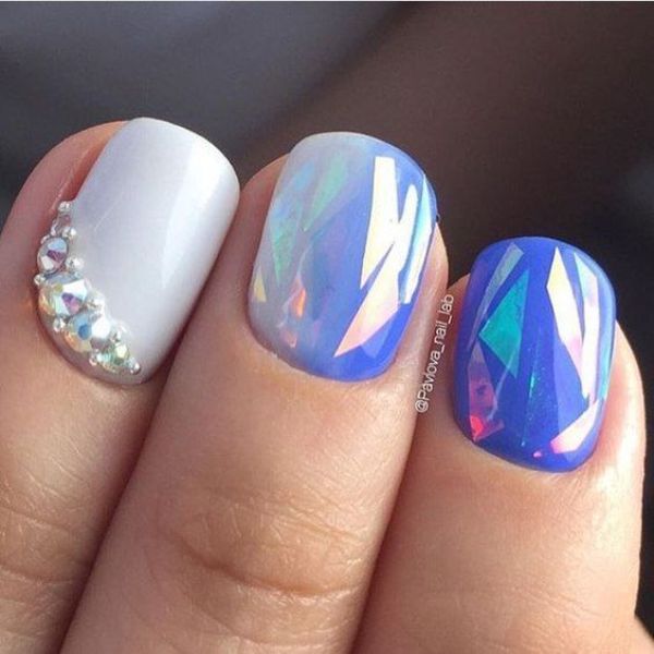 blue shattered glass nail art