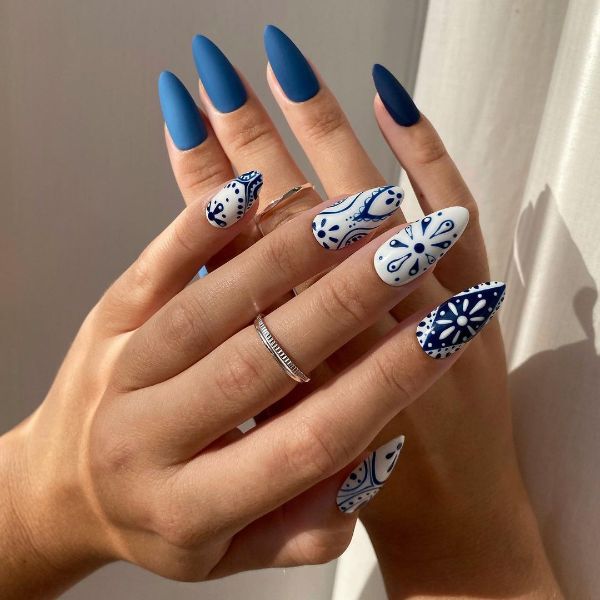 blue nails with a tile design