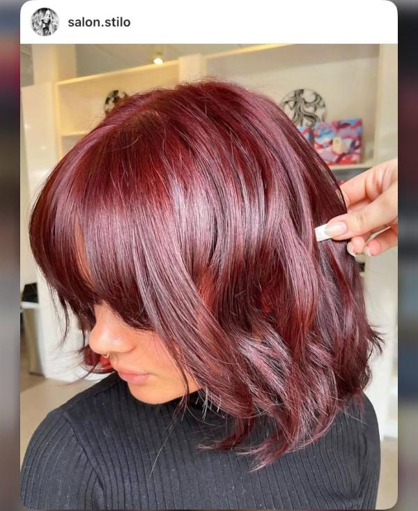Youthful Cherry Hair Color Bob with Bangs