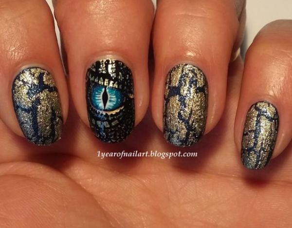 dragon skin nail art with gold foil