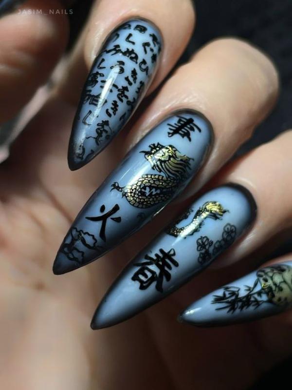 black to blue ombre dragon nails