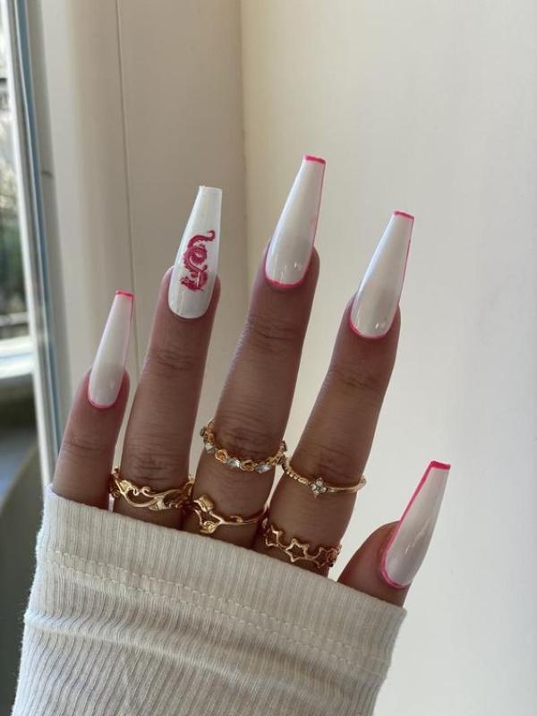white dragon nails with pink French tips