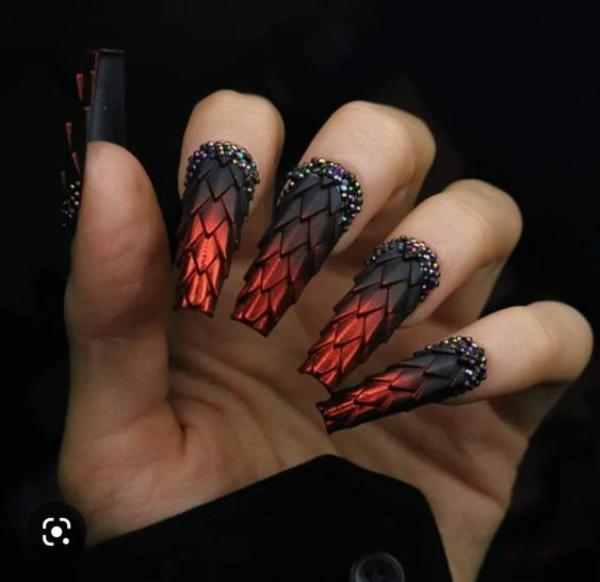 black to red 3D dragon nails