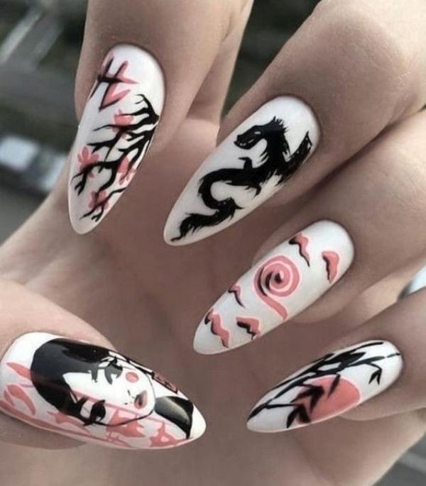 Japanese-style pink, white and black dragon nails