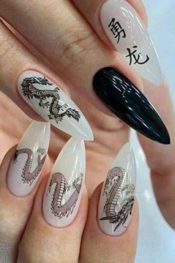 black n white dragon nails