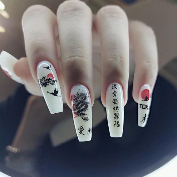 long light coffin dragon nails in a Japanese style