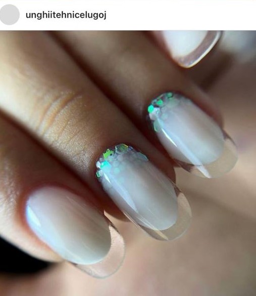 white glitter French glass nails