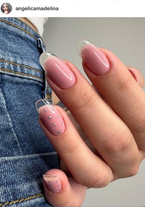 beige French glass nails with silver dots