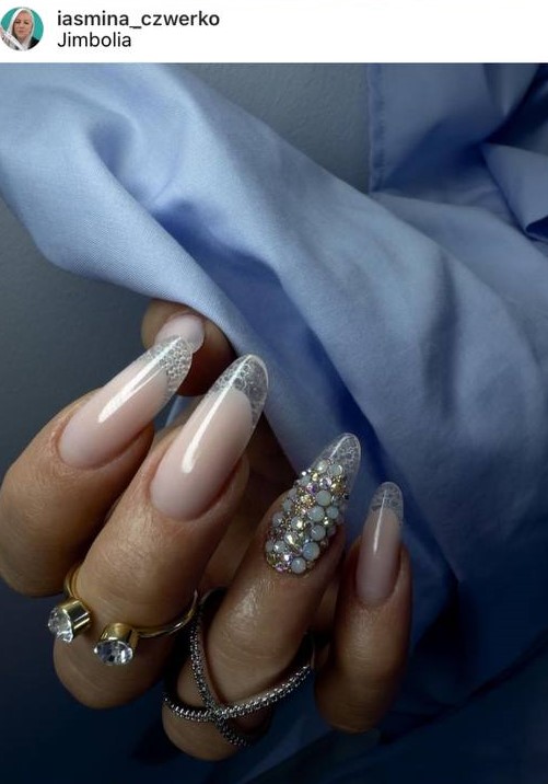 bubble French glass nails with rhinestones