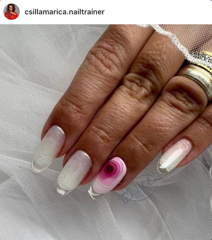 white shimmering French glass nails with roses