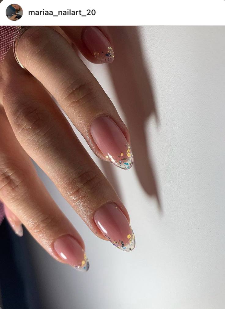 beige French glass nails with glitter