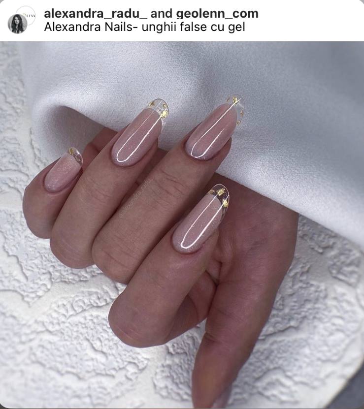 neutral beige French glass nails with gold foil on tips