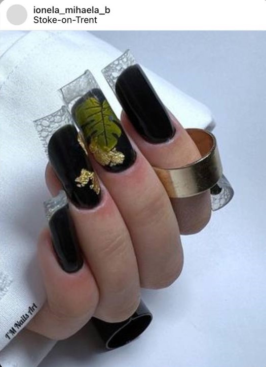 spring summer French glass nails with a green leaf