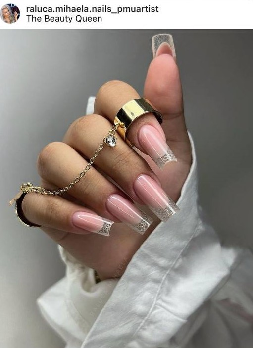 pink beige French glass nails