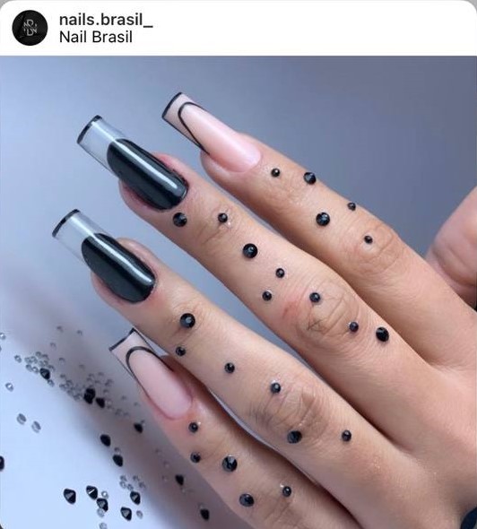 black and beige French glass nails