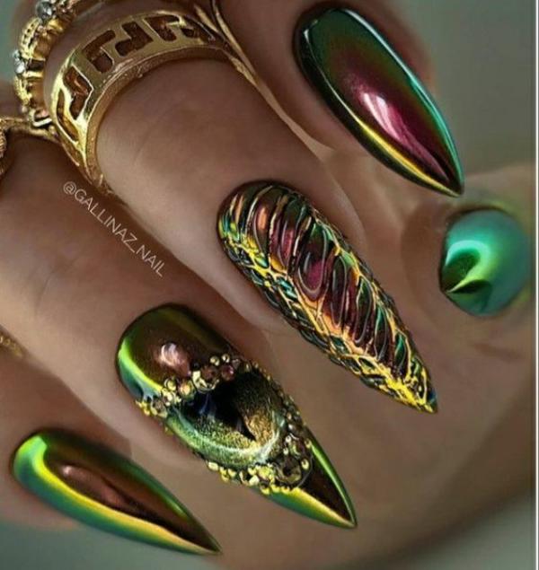green and pink chrome dragon nails