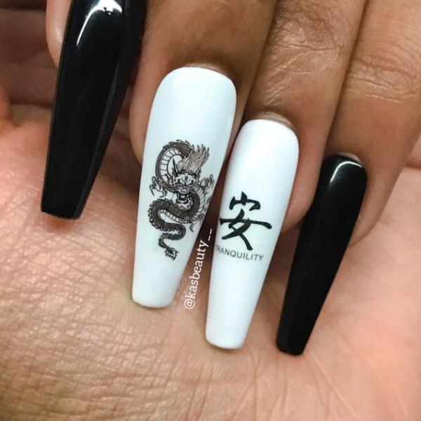 black and white dragon nails