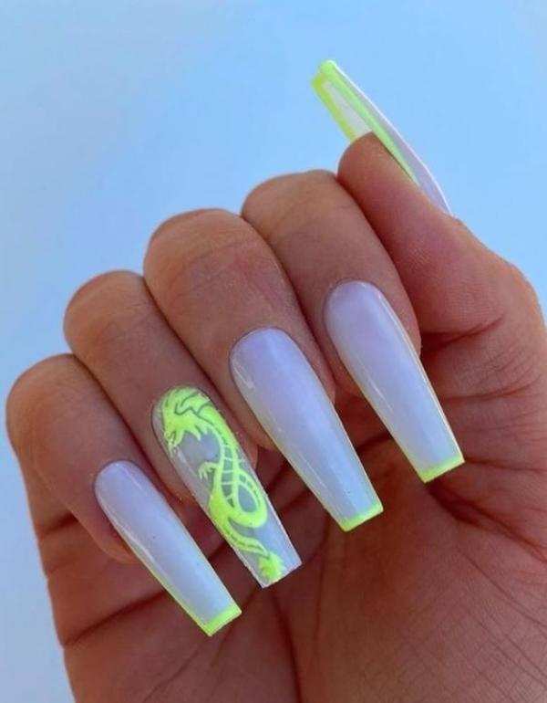 long white and neon yellow dragon nails