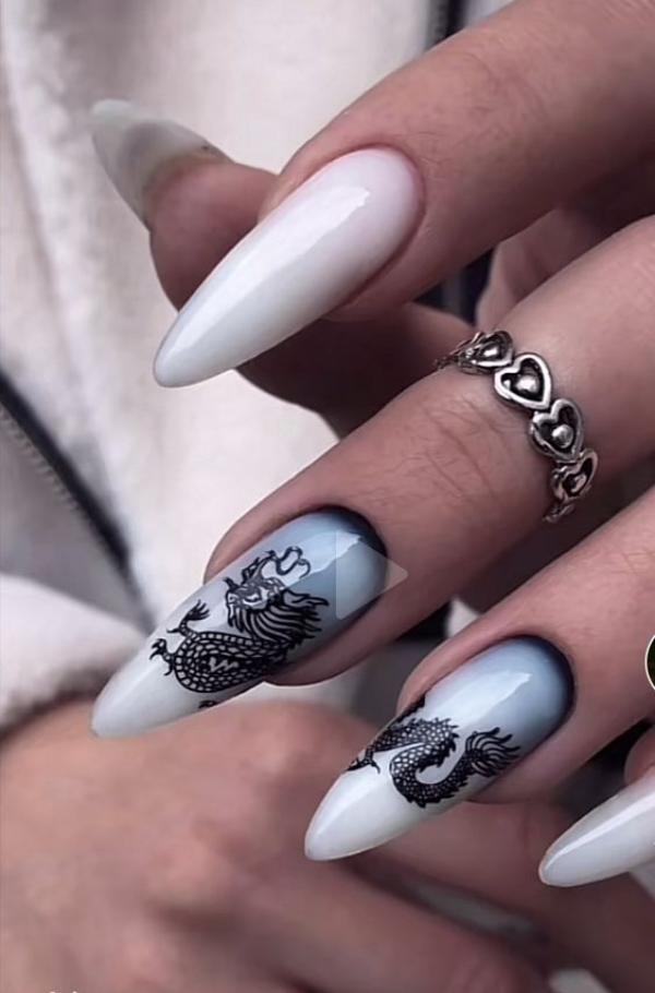 white and black ombre dragon nails
