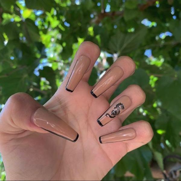 beige and black dragon French nails