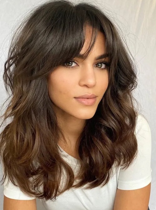 trendy brown hairstyle for women with curtain bangs