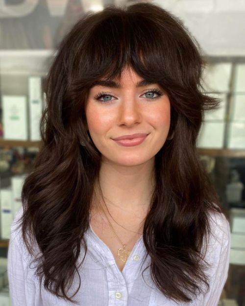 one tone brown hairstyle with curtain bangs