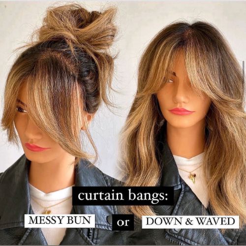 bun hair with curtain bangs