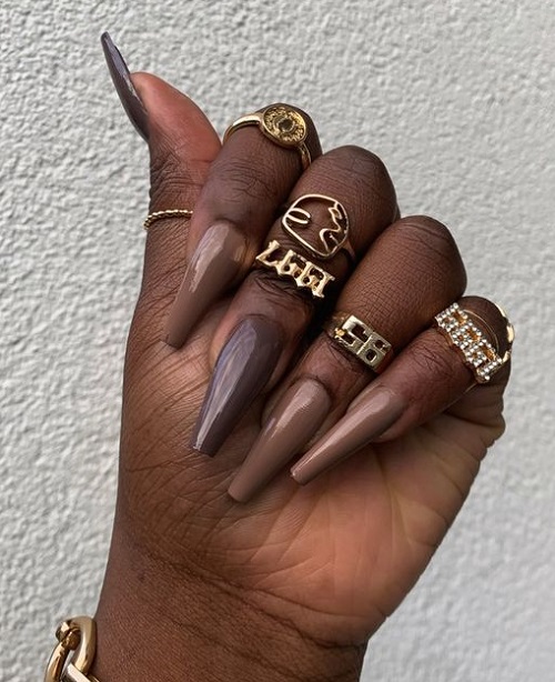 long coffin shaped brown shades nails for women with tan and dark skin colors