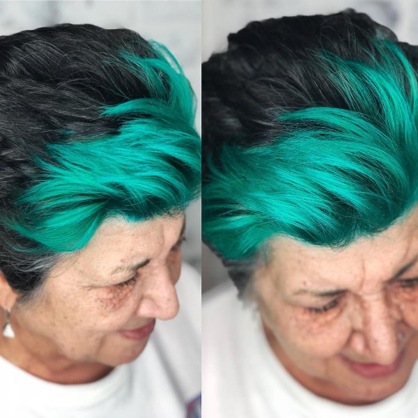 black and blue haircut older woman