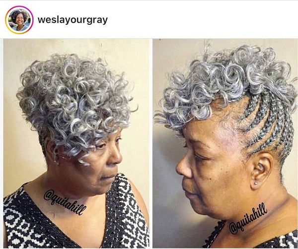 gray scalp braids with curls at top for older women