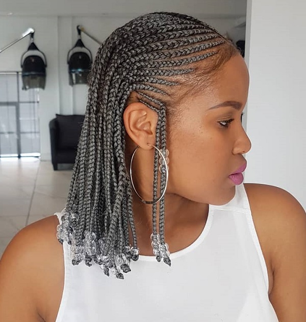 short gray tribal braids with beads