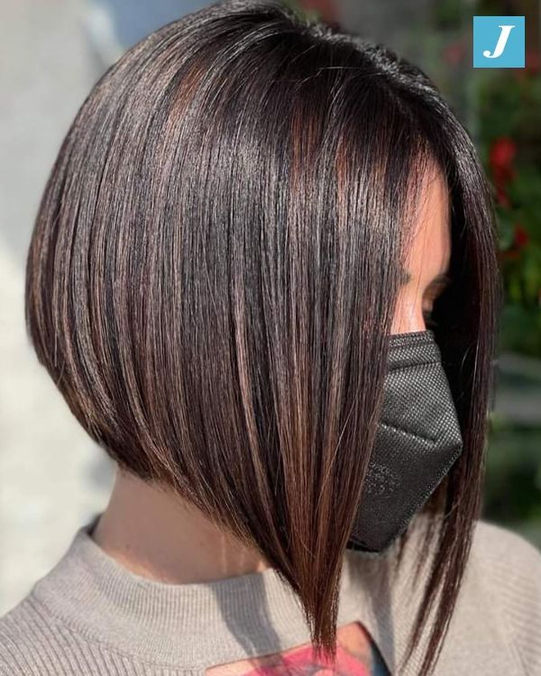 angled chocolate brown middle-parted bob